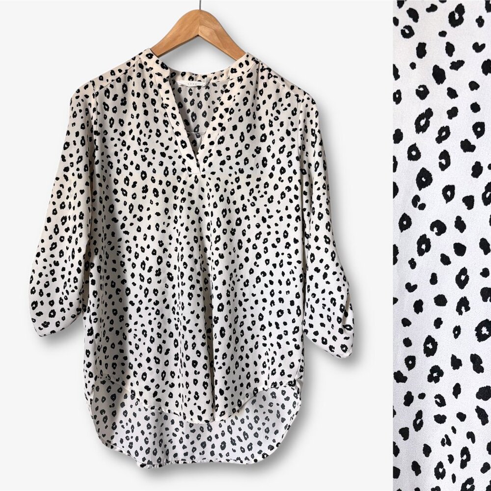 Lush Warren Split Neck Blouse Black and Cream Animal Print Womens Small Flowy